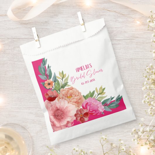 水彩花卉亮粉色婚前派对餐桌布置 フェイバーバッグ (クリップ留めされた状態)