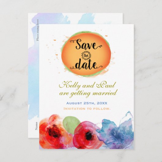 水彩花卉优雅多彩的保存日期 案内ポストカード (正面/裏面)