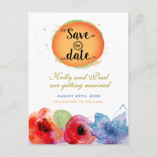 水彩花卉优雅多彩的保存日期 案内ポストカード (正面)