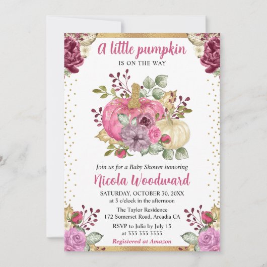 水彩花卉南瓜秋季婴儿淋浴 招待状 (正面)