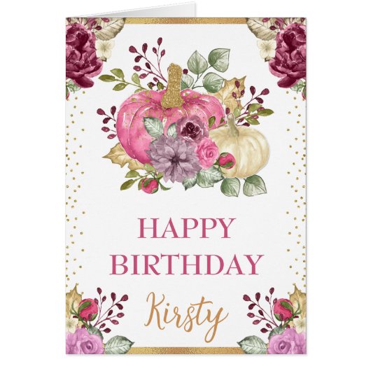 水彩花卉南瓜秋季生日卡 (正面)