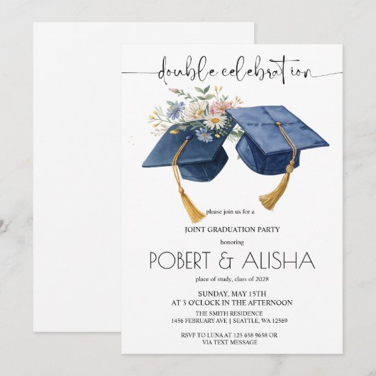 水彩花卉双毕业派对 招待状 (正面/裏面)