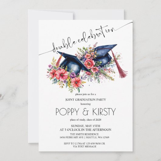 水彩花卉双毕业派对 招待状 (正面)