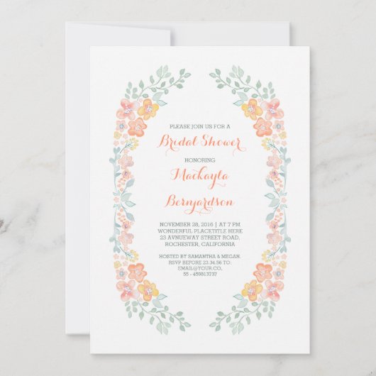 水彩花卉可爱花环 婚前派对 招待状 (正面)