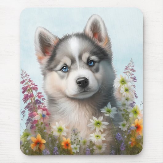 水彩花卉和西伯利亚哈士奇幼犬 マウスパッド (正面)