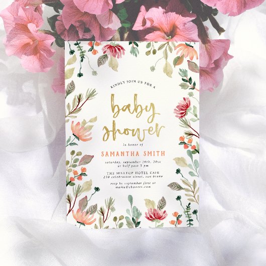 水彩花卉和金色字母婴儿淋浴 招待状