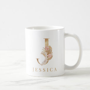 水彩花卉和金色字母J initials コーヒーマグカップ
