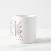 水彩花卉和金色字母K首字母 コーヒーマグカップ (正面左)