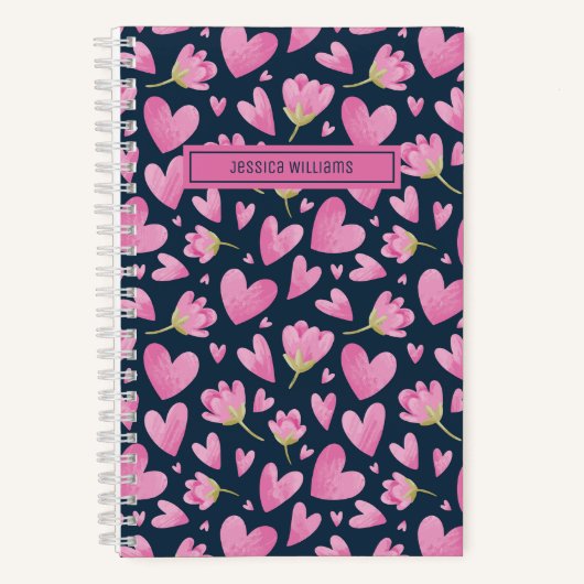 水彩花卉图案 可爱粉色心形 ノートブック (正面)