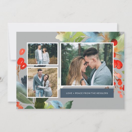 水彩花卉圣诞节3张照片拼贴 | 灰色 シーズンカード (正面)