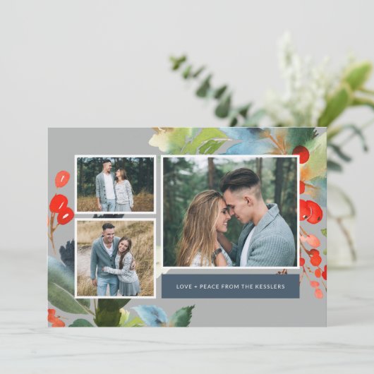 水彩花卉圣诞节3张照片拼贴 | 灰色 シーズンカード (スタンド正面)