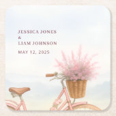 水彩花卉复古自行车订婚派对 スクエアペーパーコースター (正面)