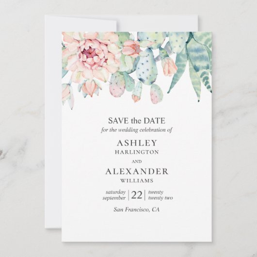 水彩花卉多肉植物。綠色和藍色仙人掌 セーブザデート (正面)