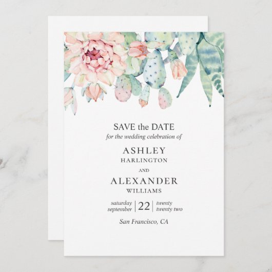 水彩花卉多肉植物。綠色和藍色仙人掌 セーブザデート (正面/裏面)