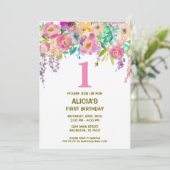 水彩花卉女孩一岁生日邀请函 招待状 (スタンド正面)