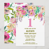 水彩花卉女孩一岁生日邀请函 招待状 (正面/裏面)