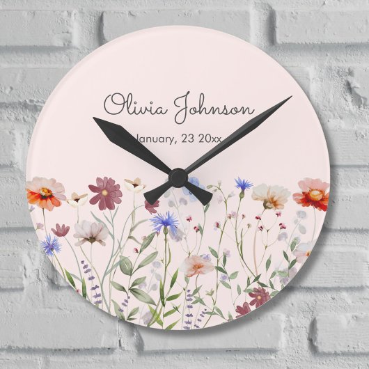 水彩花卉婴儿诞生纪念品 ラウンド壁時計