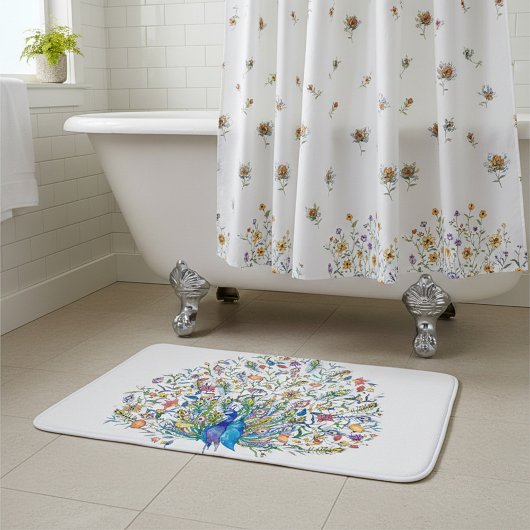 水彩花卉孔雀 バスマット