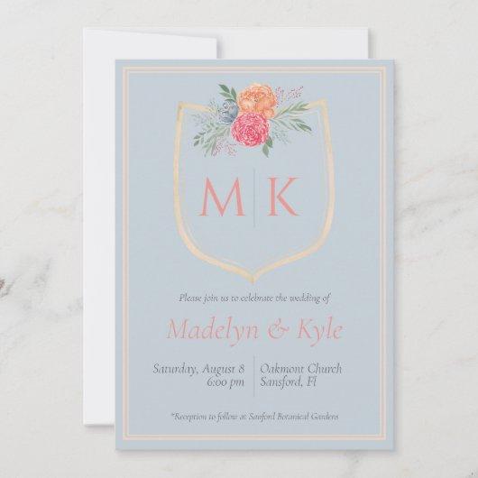 水彩花卉字母徽章婚礼 招待状 (正面)