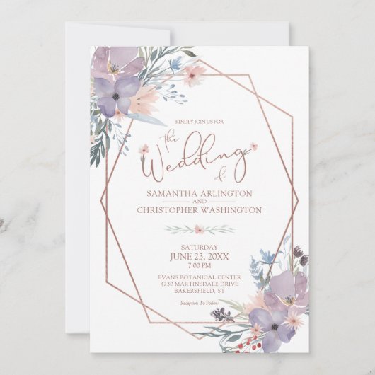 水彩花卉幾何紫色婚礼 招待状 (正面)