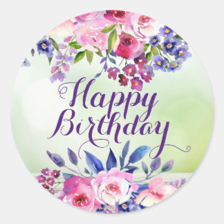 水彩花卉快乐生日贴纸 ラウンドシール
