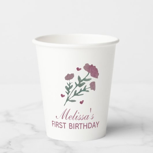 水彩花卉情人节首岁生日心形图案 紙コップ (正面)