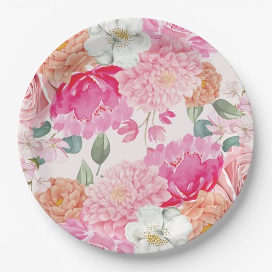 水彩花卉新娘绽放 婚前派对祝福会 ペーパープレート (正面)