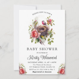 水彩花卉春日鸟巢婴儿淋浴 招待状