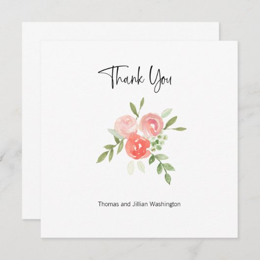 水彩花卉桃色珊瑚腮红色感谢卡 サンキューカード (正面/裏面)