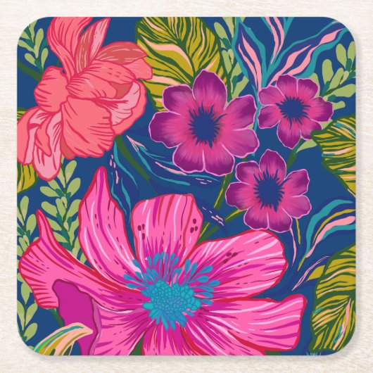 水彩花卉植物粉色婚前派对 スクエアペーパーコースター (正面)