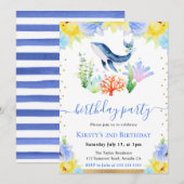 水彩花卉水下鯨魚生日派對 招待状 (正面/裏面)