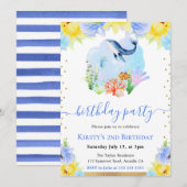 水彩花卉水下鲸鱼生日派对 招待状 (正面/裏面)