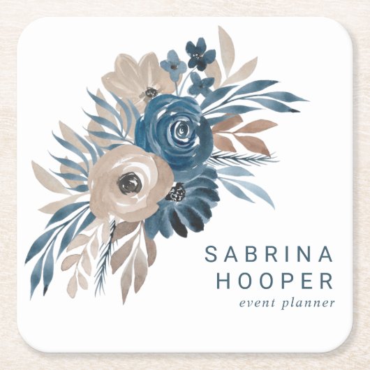 水彩花卉活动策划师靛蓝米色赭石 スクエアペーパーコースター (正面)