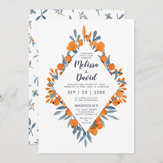 水彩花卉浪漫乡村风婚礼 招待状 (正面/裏面)