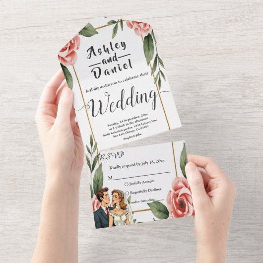 水彩花卉浪漫新娘和新郎婚礼 オールインワン招待状 (貼ってはがせる)