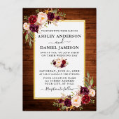 水彩花卉照片乡村木质金色 箔招待状 (正面)