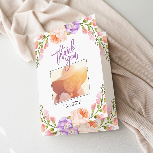 水彩花卉照片毕业感谢卡 サンキューカード
