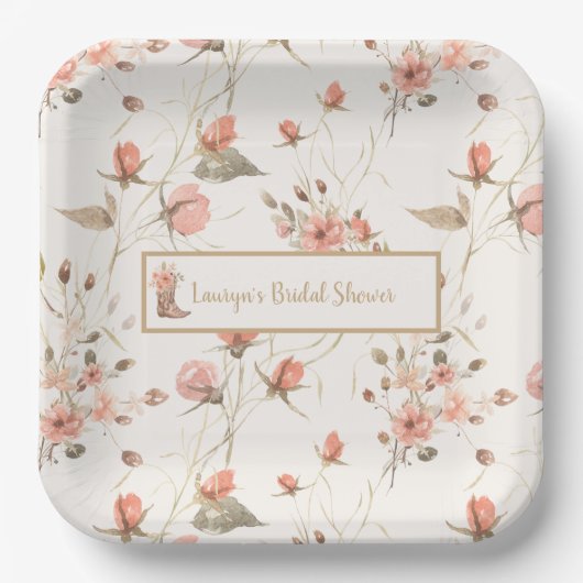 水彩花卉牛仔靴婚前お披露目パーティー ペーパープレート (正面)