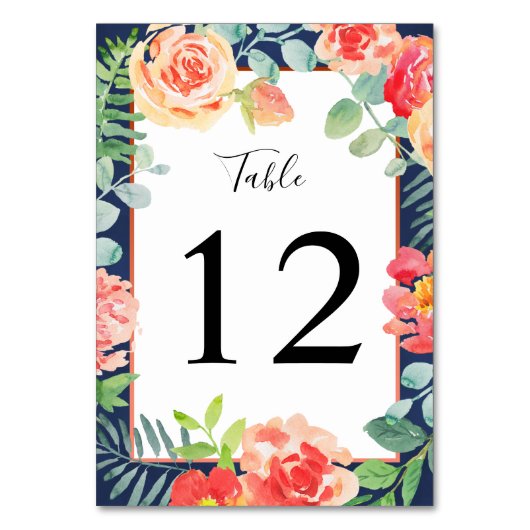水彩花卉珊瑚海军蓝叶婚礼桌号 テーブルナンバー (正面)