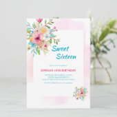 水彩花卉甜蜜十六岁粉色边框 招待状 (スタンド正面)
