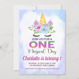 水彩花卉神奇独角兽1岁生日 招待状