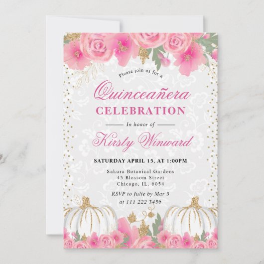 水彩花卉秋季南瓜 quinceañera 招待状 (正面)