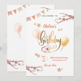 水彩花卉粉色气球生日 招待状