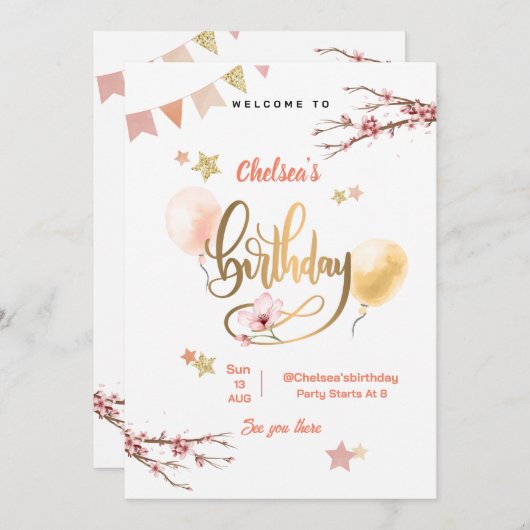 水彩花卉粉色气球生日 招待状 (正面/裏面)