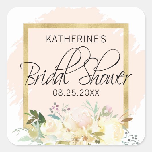 水彩花卉腮红粉金色婚前派对祝福 スクエアシール (正面)