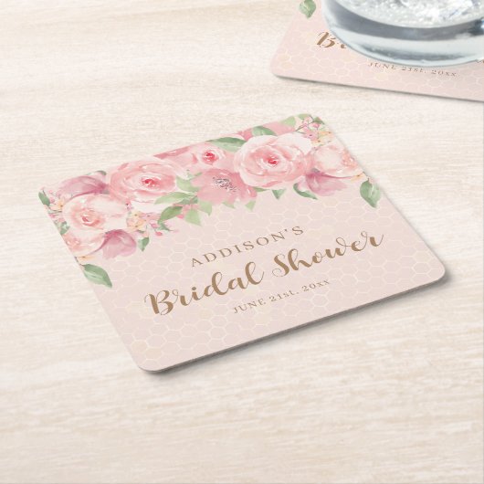 水彩花卉腮红粉金色婚前派对祝福 スクエアペーパーコースター (アングル)