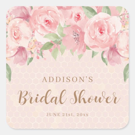 水彩花卉腮红粉金色婚前派对 スクエアシール (正面)
