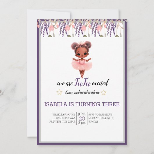 水彩花卉芭蕾舞ダンサー誕生日 招待状 (正面)