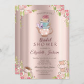 水彩花卉茶壶玫瑰金色婚前派对 招待状 (正面/裏面)