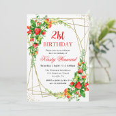 水彩花卉草莓边框 21 岁生日 招待状 (スタンド正面)